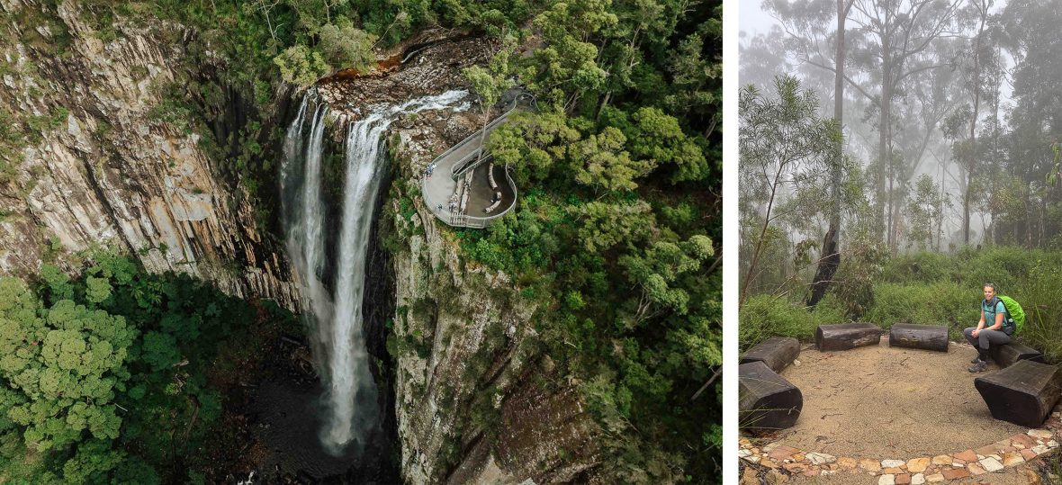 Left: A waterfall cascades down as people look on from a lookout up the top. Right: A woman sits on a log which forms part of a circle of log seats.