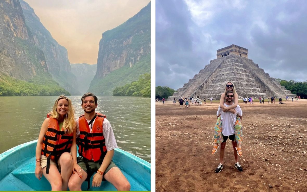 Left: A man and woman sit and smile in a canoe; Right: A man and woman smile for the camera in front of a Mexican temple