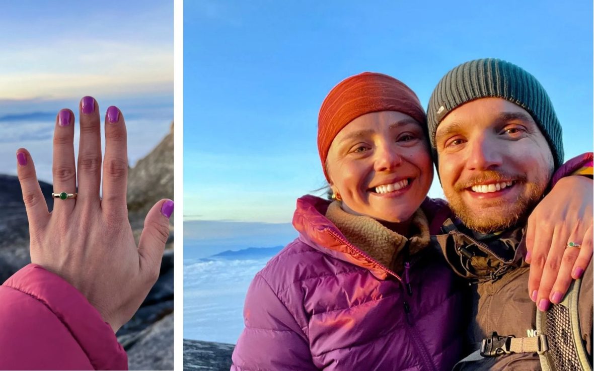 Left: A hand with showing an engagement ring; Right: A man and woman in adventure gear smile to camera