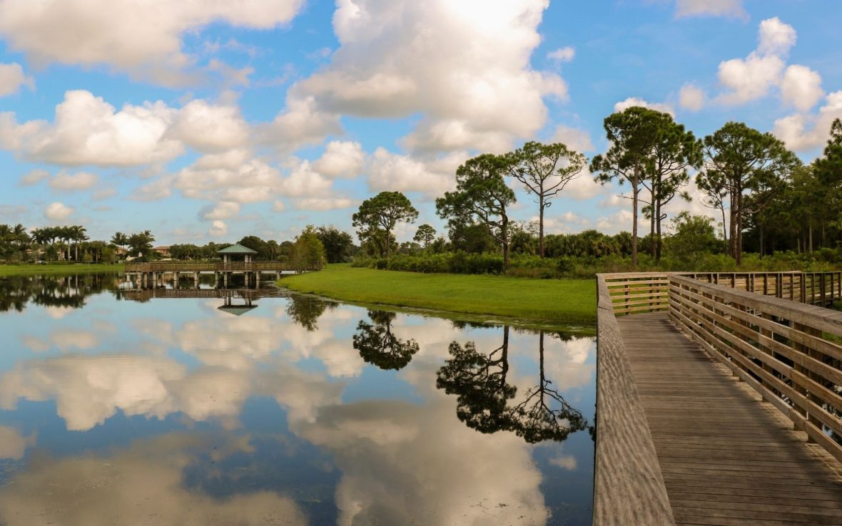 A fishing pier and boardwalk reflected in the water