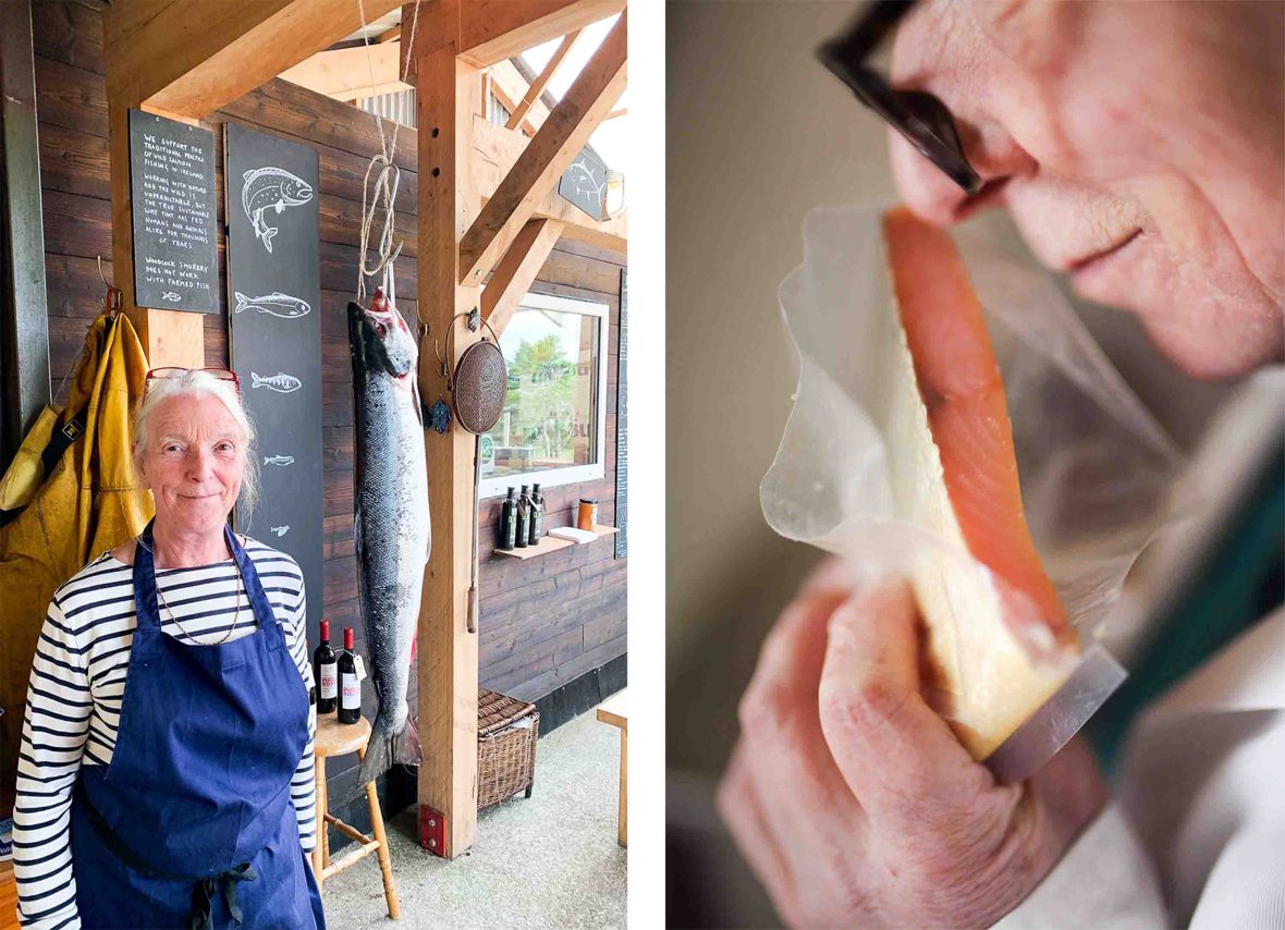 Left: A woman stands next to a fish that is hanging up. Right: A close up of a woman smelling some salmon fillet.