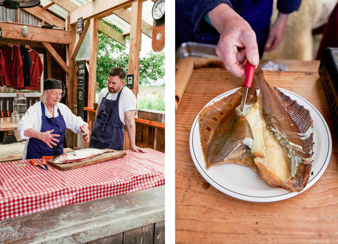 Left: A woman fillets a fish with a man. Right: A close up of filleting a fish.