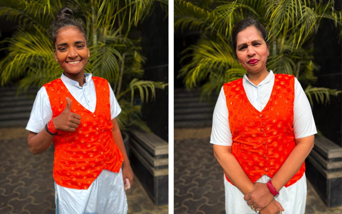Left and right: Two women smile to camera, each dressed in a white T-shrt and trousers, a sleeveless red pullover vest.