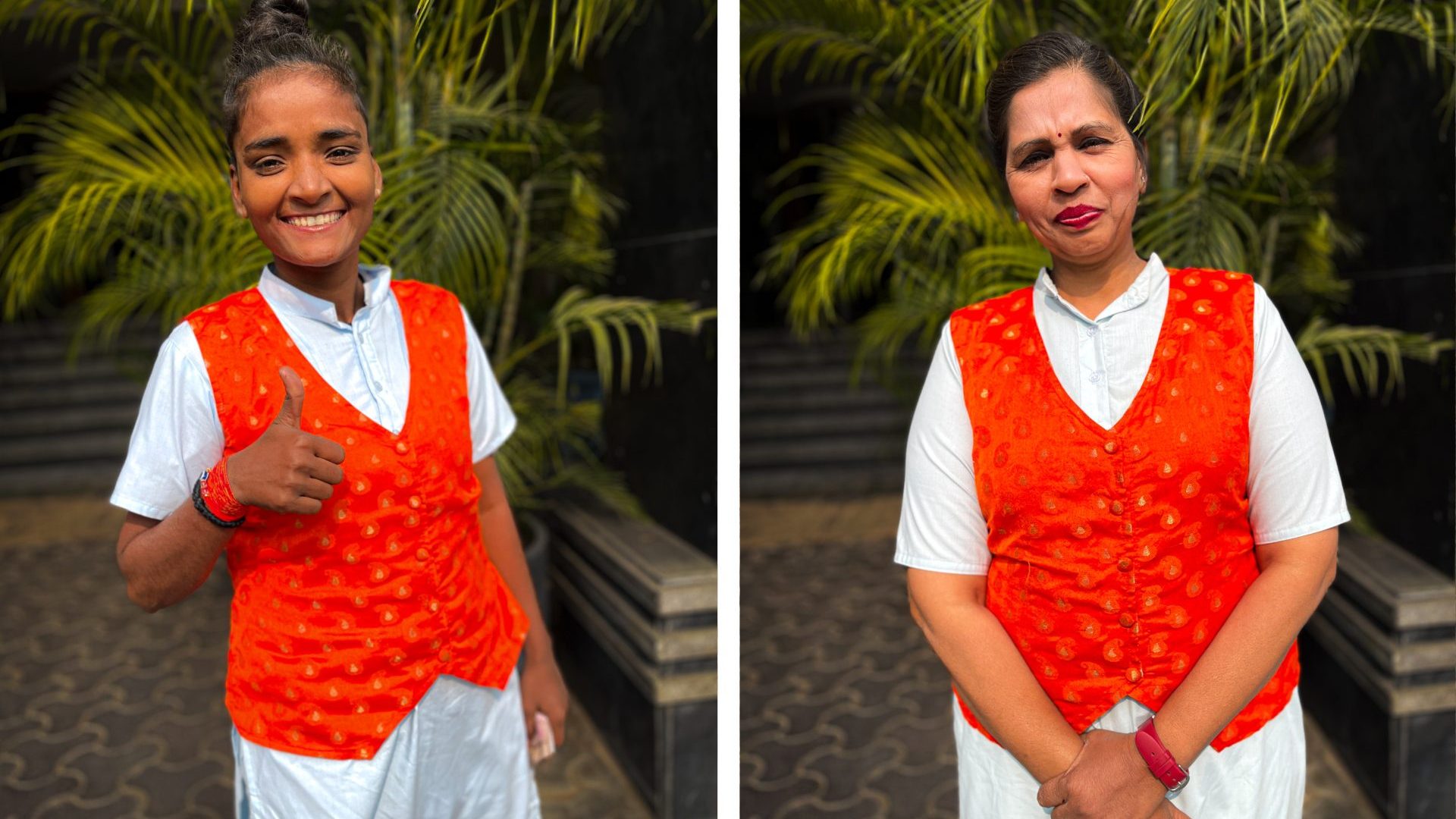 Left and right: Two women smile to camera, each dressed in a white T-shrt and trousers, a sleeveless red pullover vest.