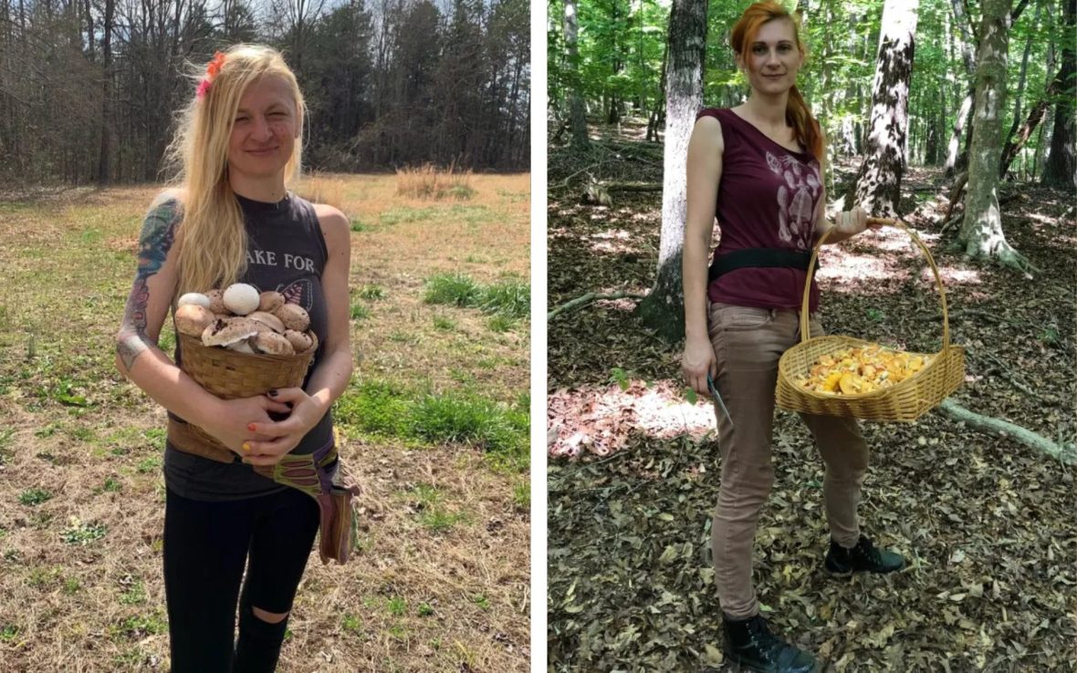 Left: Blonde woman holds bag of mushrooms; Right: Red-haired woman stands in forest holding basket