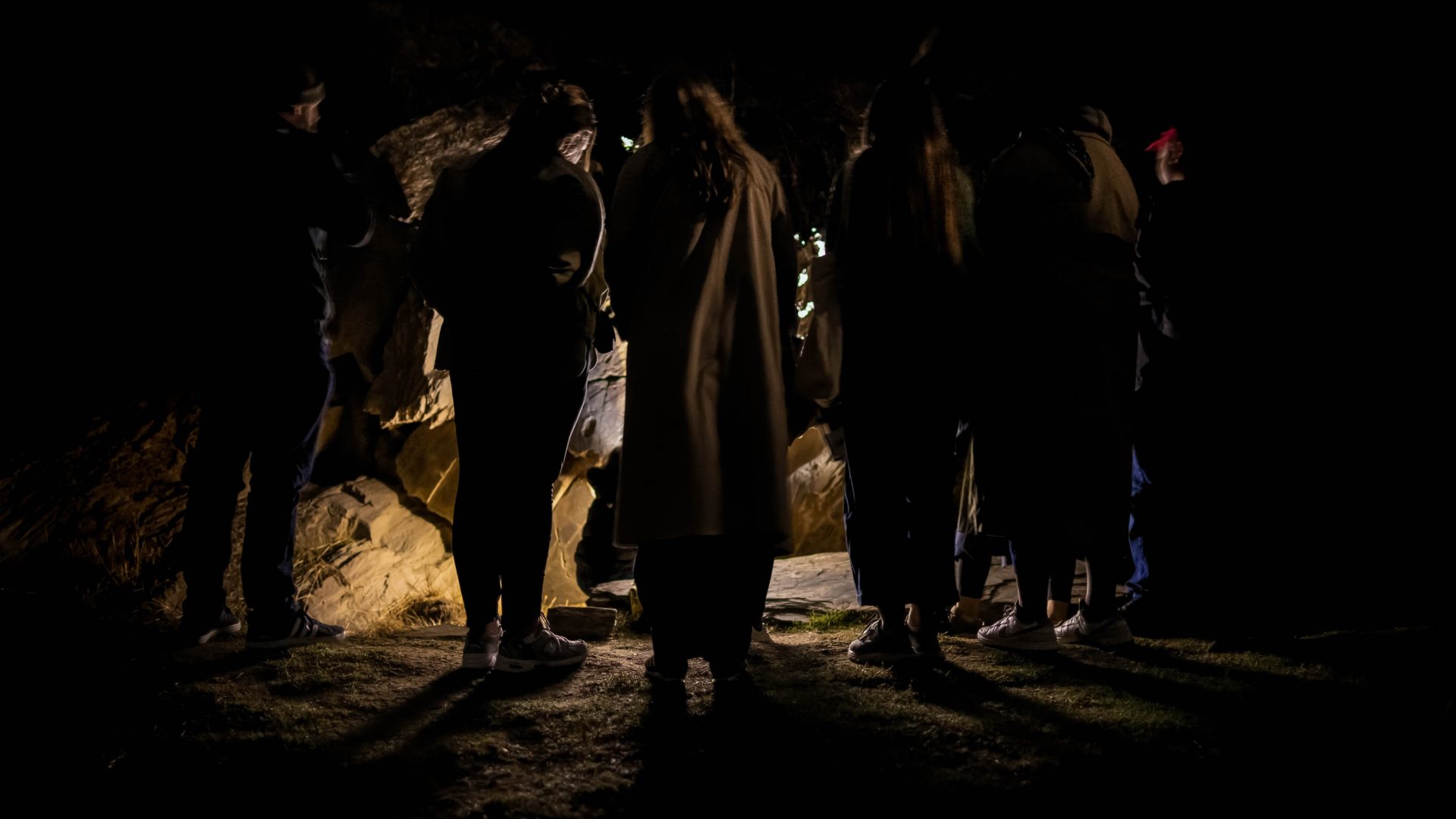 A group of people stands in the dark looking at a torch light up some carvings.