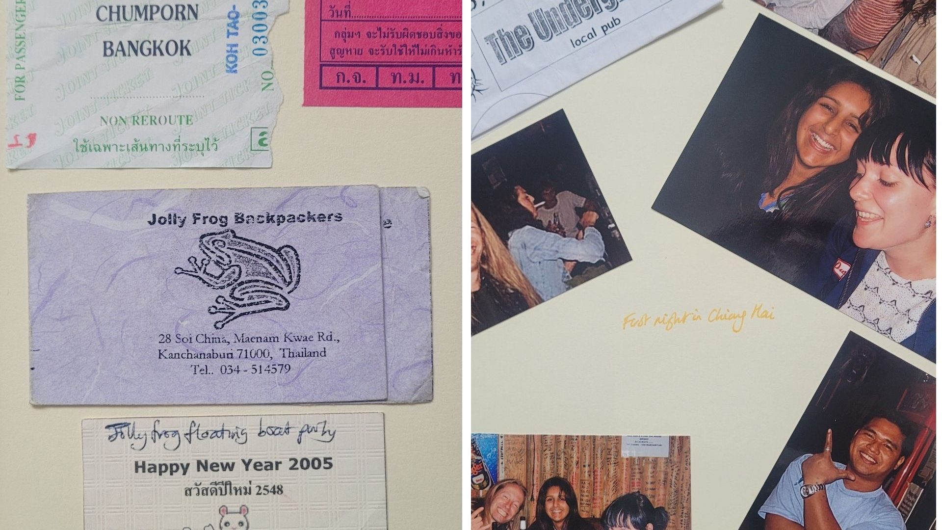 Close-up of photo album of photos, tickets and business cards stuck inside a photo album.