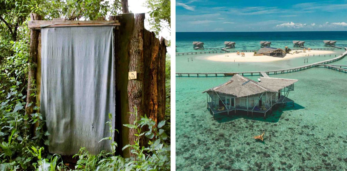 Left: An outdoors compost toilet. Right: A resort of several huts in calm blue water.