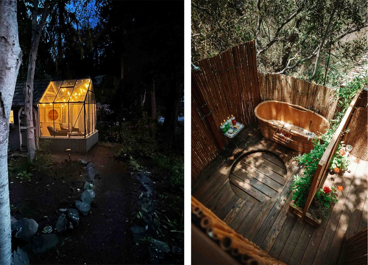 Left: A small hut surrounded by trees is lit up at night. Right: A rustic bathtub outside, surrounded by sticks.