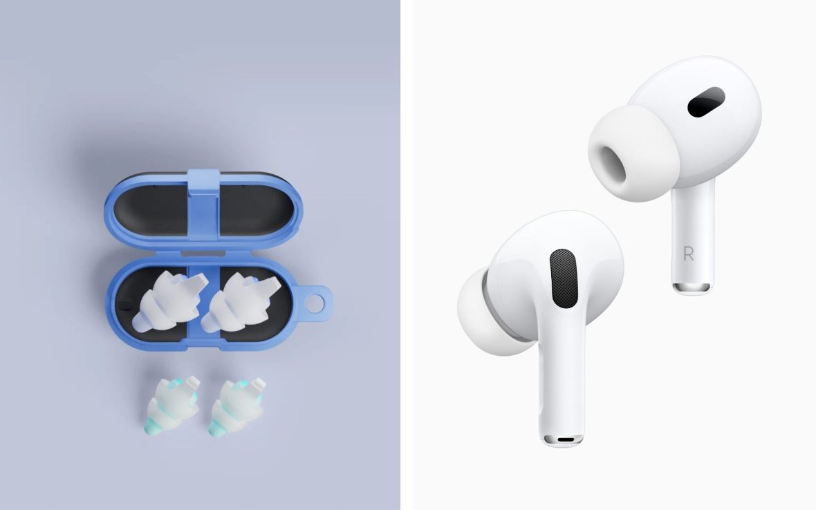 Left: A small, open purple and black case reveals two pairs of squishy earplugs. Right: Apple AirPods Pro outside their case.