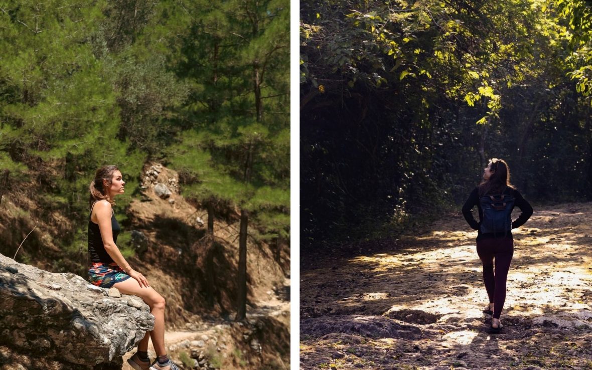 Left: side view of a woman in a black camisole and colorful shorts sitting on the edge of a rock, with greenery in the background. Right, a woman looking away from the camera walks in a forest while carrying a tote bag as a backpack.