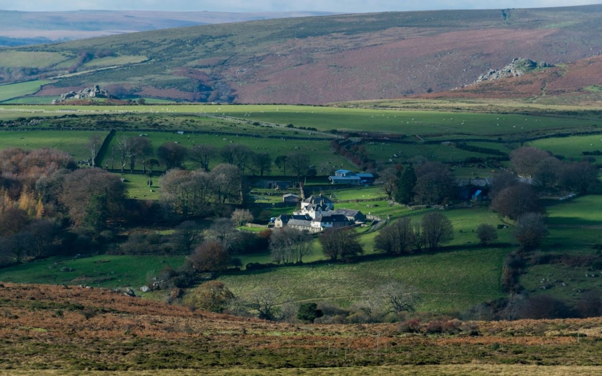 A landscape view of Dartmoor National Park, with a house in the foreground at the base of a rolling green hill.