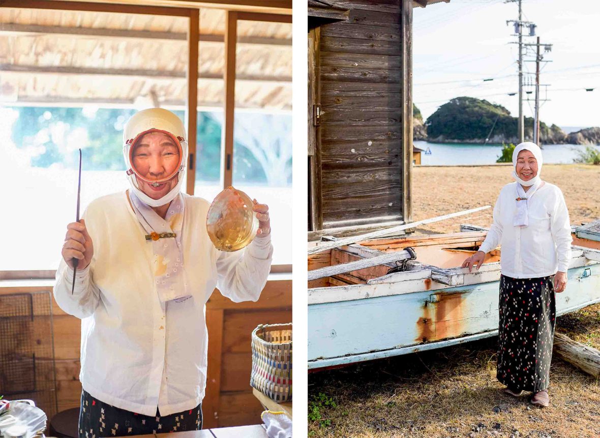 Left: A woman in traditional diving clothes holds up an abalone shell and smiles. Right: A woman stands alongside a small boat.