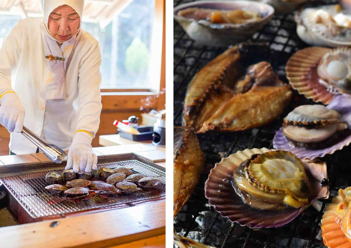 Left: A woman grills items caught from below the sea. Right: A close up of things being grilled.
