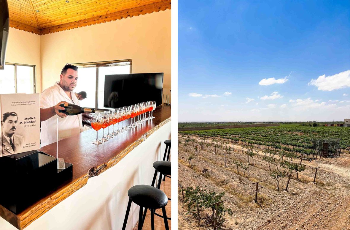 Left: A man pours an aperitif into a row of glasses. Right: A vineyard.