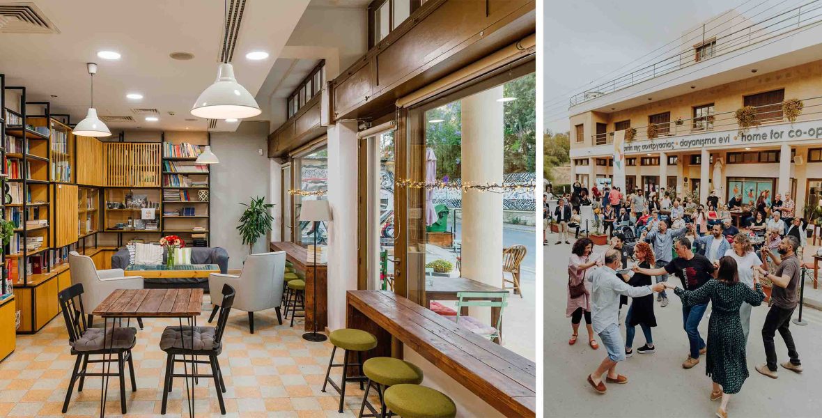 Left: A cafe interior with tables, chairs and book shelves. There is a big window to the street. Right: People dance together outside a building.