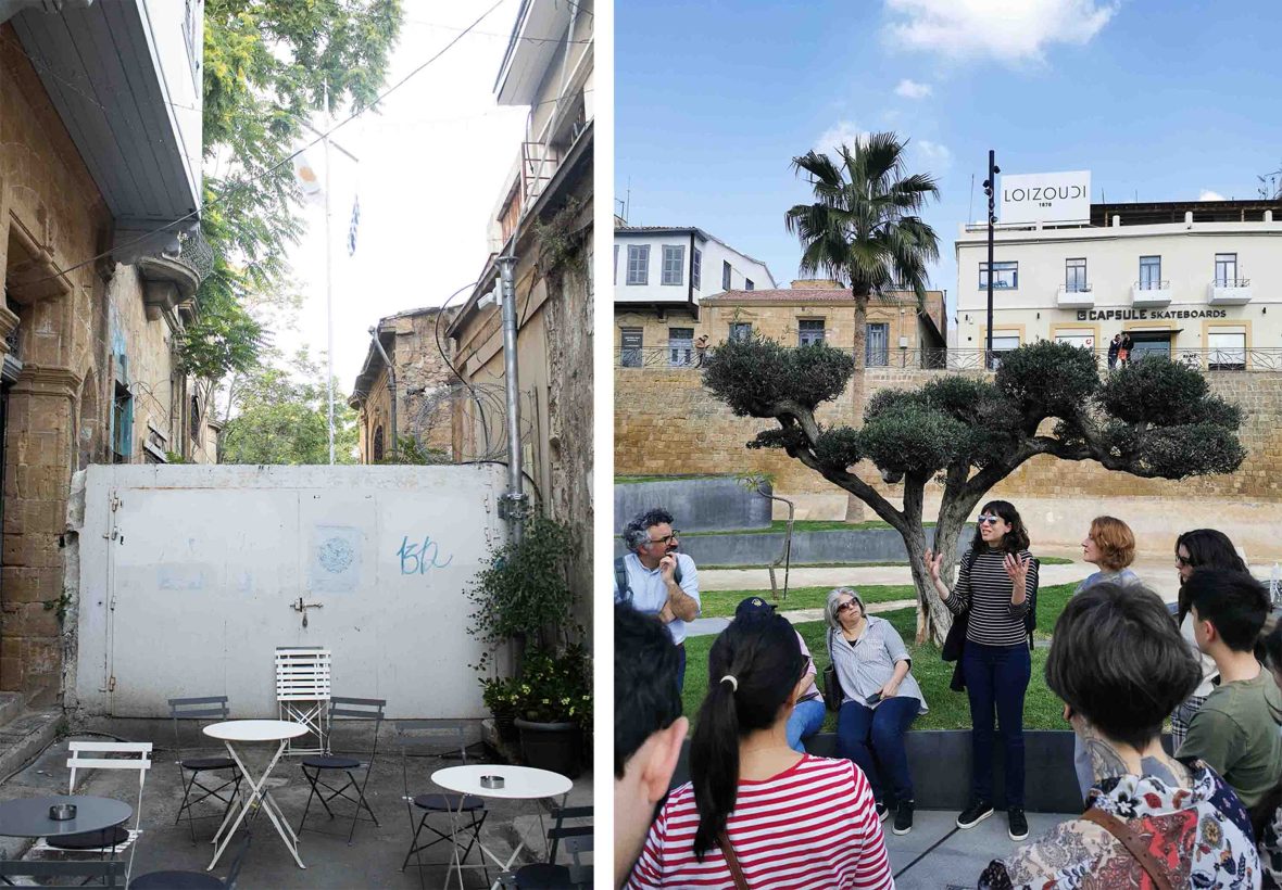 Left: Seating alongside a high wall. Right: A woman talks to a tour group.