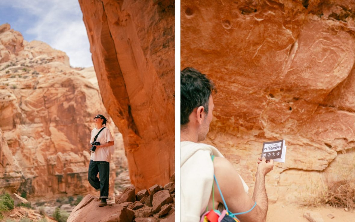 Left: Woman stands in red rock canyon; Right: Man holds petroglyph guide book