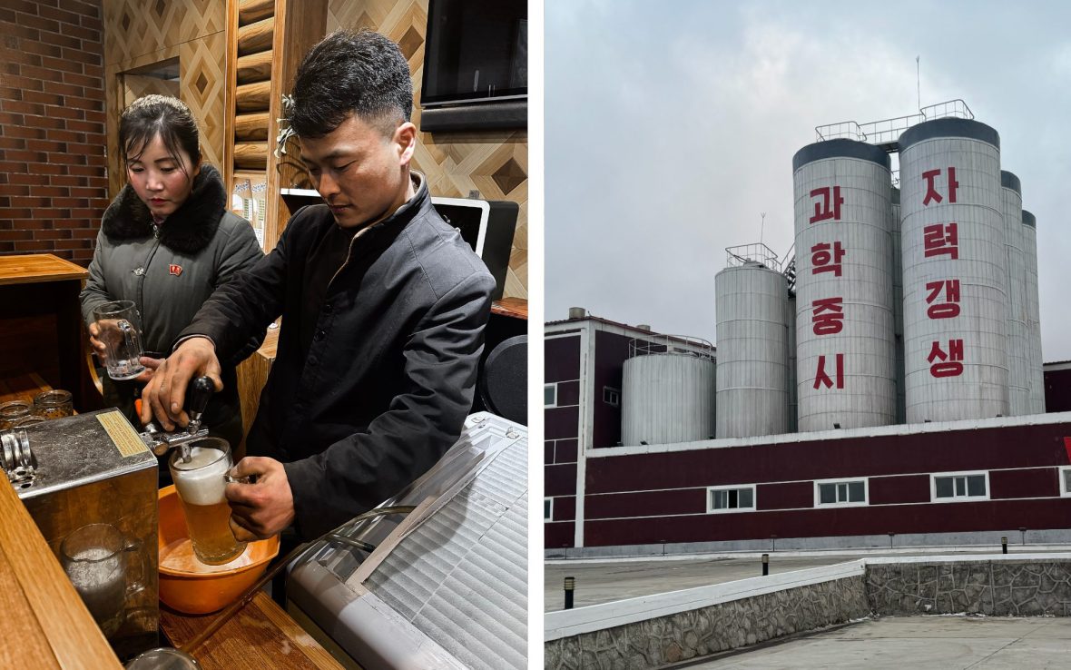 Left: two servers pull a draught beer; Right: White tanks at a brewery