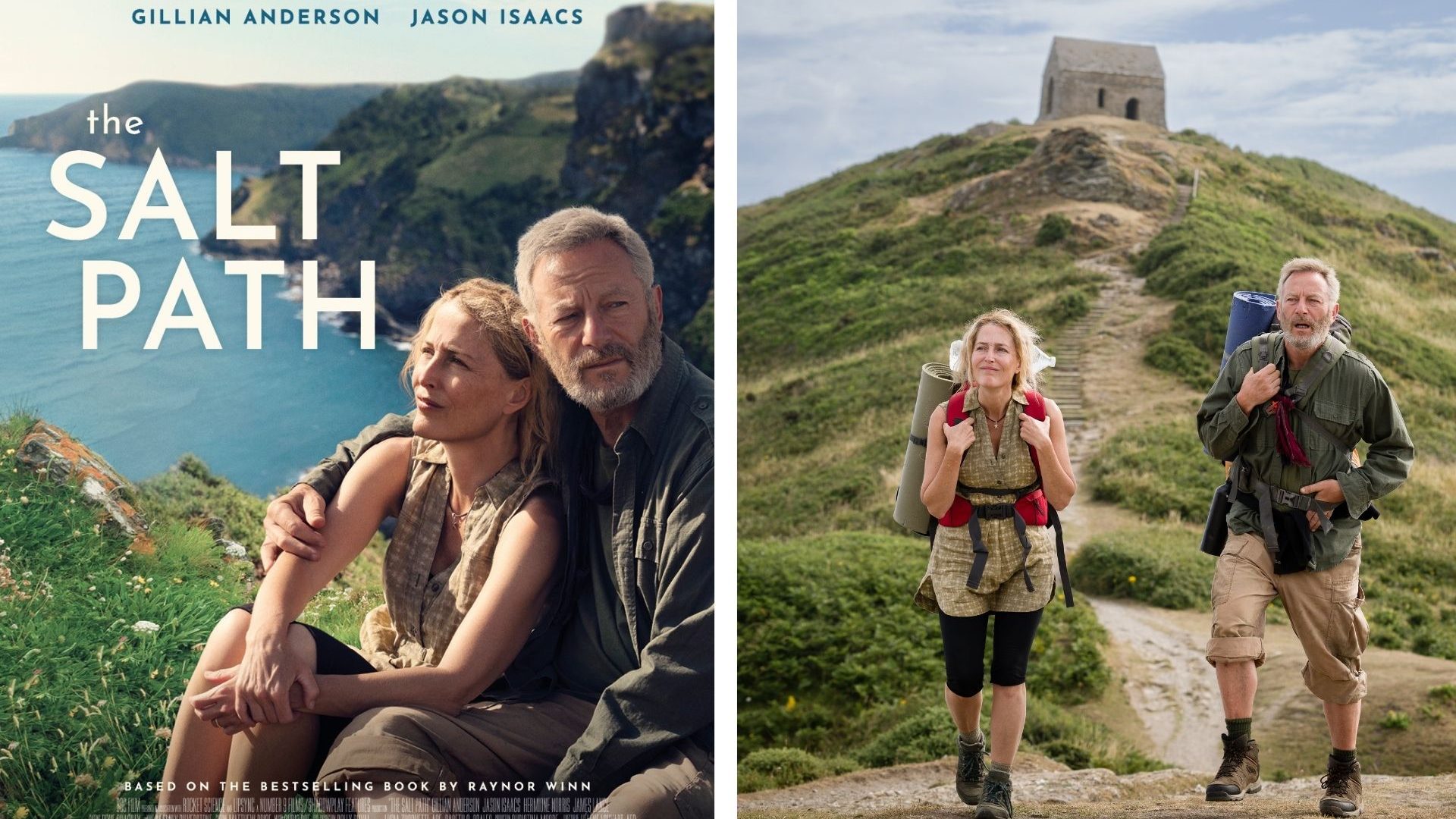 Left: Amovie poster for The Salt Path showing a male and female actor against a coastal backdrop; Right: Gillian Anderson as Raynor Win in front of a hill
