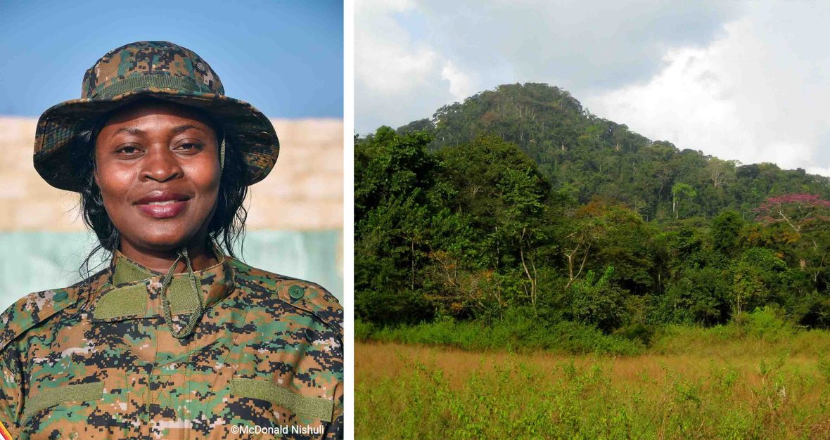 Left: A woman in a hat smiles for a portrait. Right: Grassland leads to dense forest.