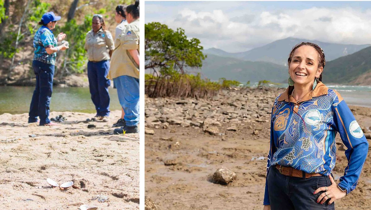 Left: A woman speaks with a group of people on a beach. Right: A woman on a sandy beach smiles to camera.