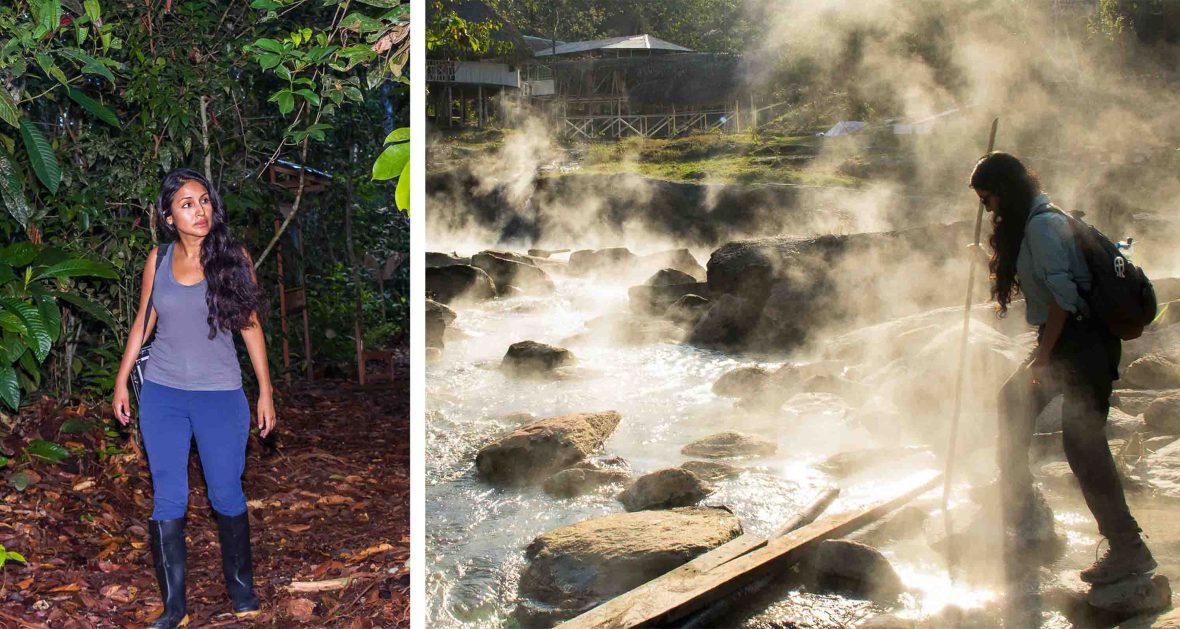 Left: A woman walks through trees. Right: A woman crosses a river with a stick.
