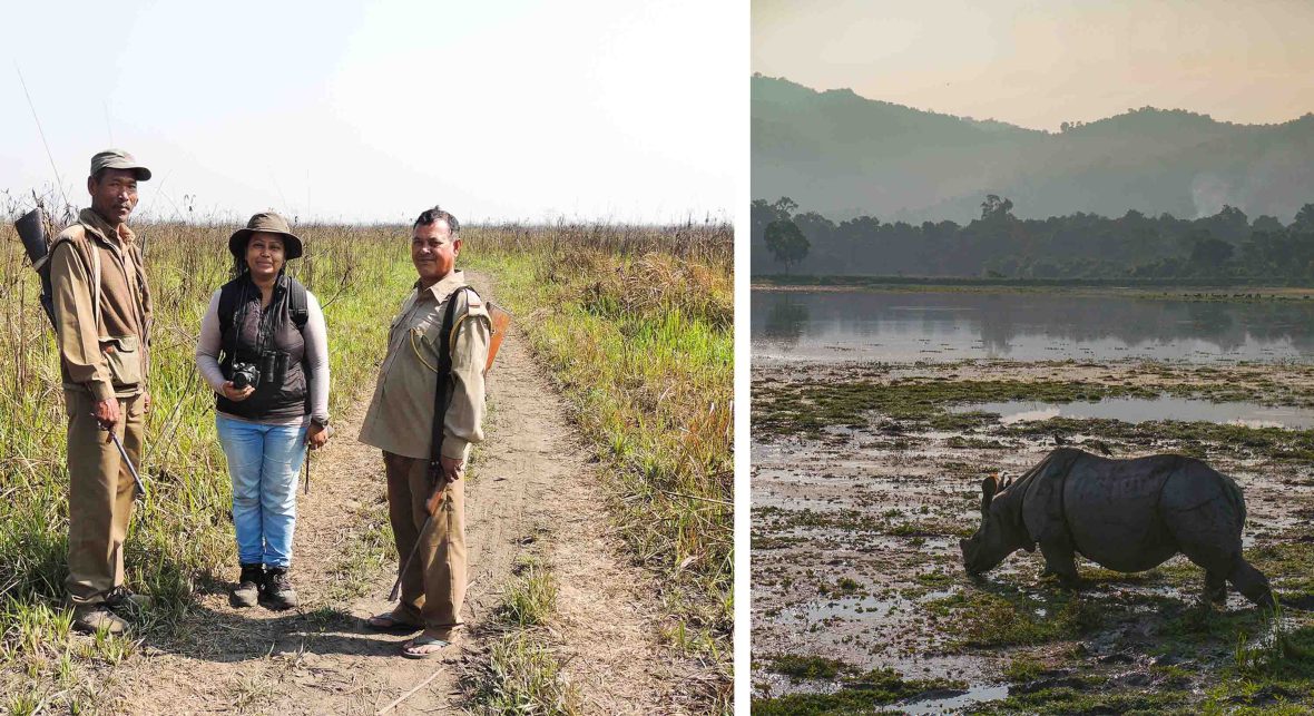 Left: A female ranger stands between two men on a track in grassy plains. Right: A rhino in a river, with mountains in the background.