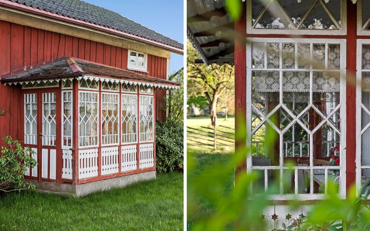A side view of a glass veranda on a red house with white trim, next to a close-up of the windowpanes.