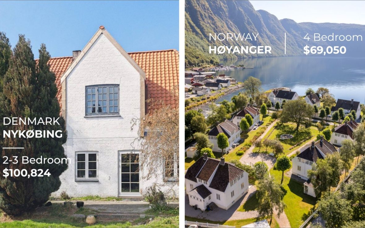 Two images side-by-side with views of different houses with text referencing the price and location. Left: A white, two-story, 2-3 bedroom house in Nykøbing, Denmark, for USD$100,824. Right: An aerial view of a large white house in a neighborhood with similar homes overlooking a fjord on a mountain day. It's in Høyanger, Norway, has 4 bedrooms, and costs USD$69,050.