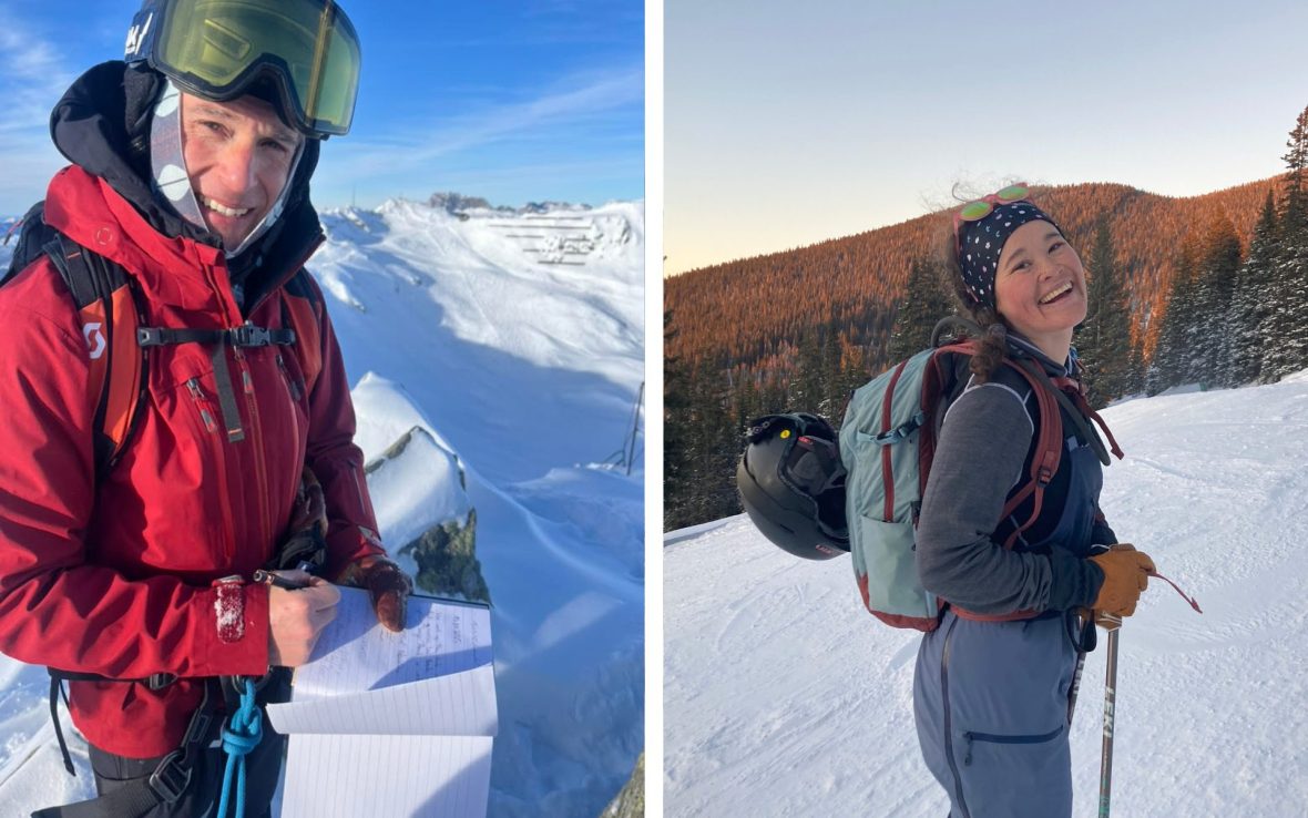 A split pic showing a man in winter gear in the mountains and a woman backpacking in a snowy terrain