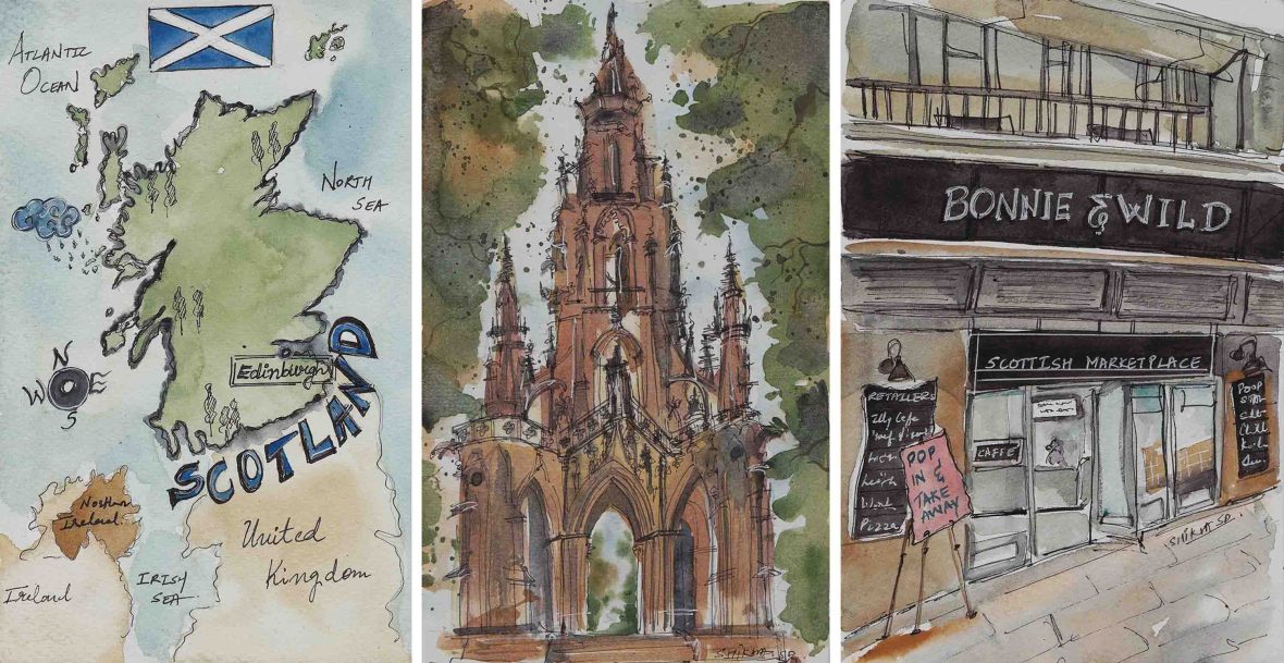Left: A map of Scotland. Middle: A tall sandstone monument. Right: A shop front with a chalkboard and signage that reads Bonnie and Wild