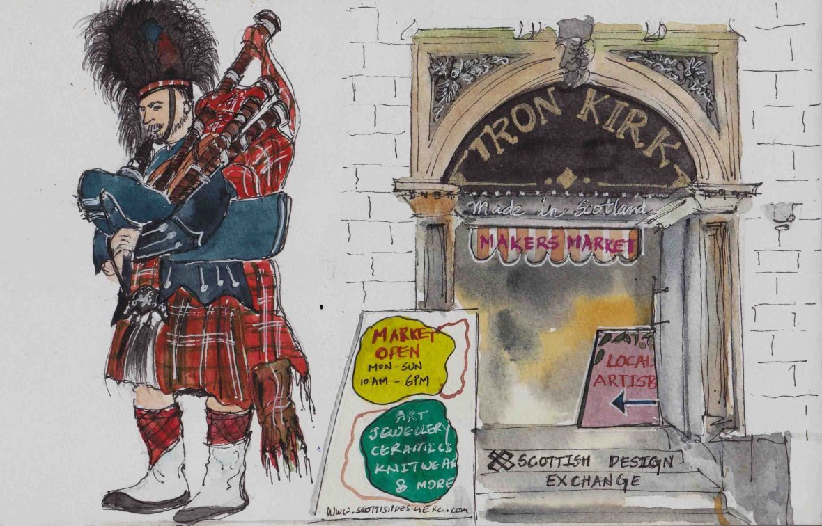A bagpiper in a kilt outside of a building that has signage that says Tron Kirk.