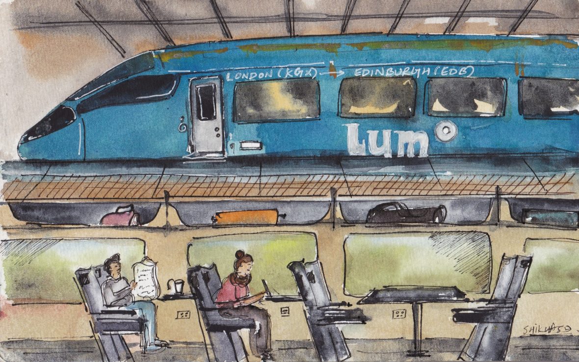 A sketch depicting a blue Lumo train and two people sat in a carriage by the window