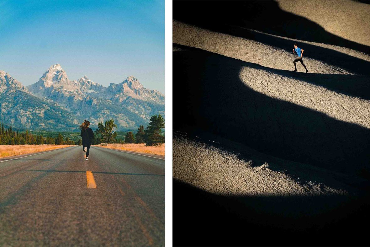 Left: A woman runs towards some mountains. Right: A man runs over sand dunes through shadows and patches of light.