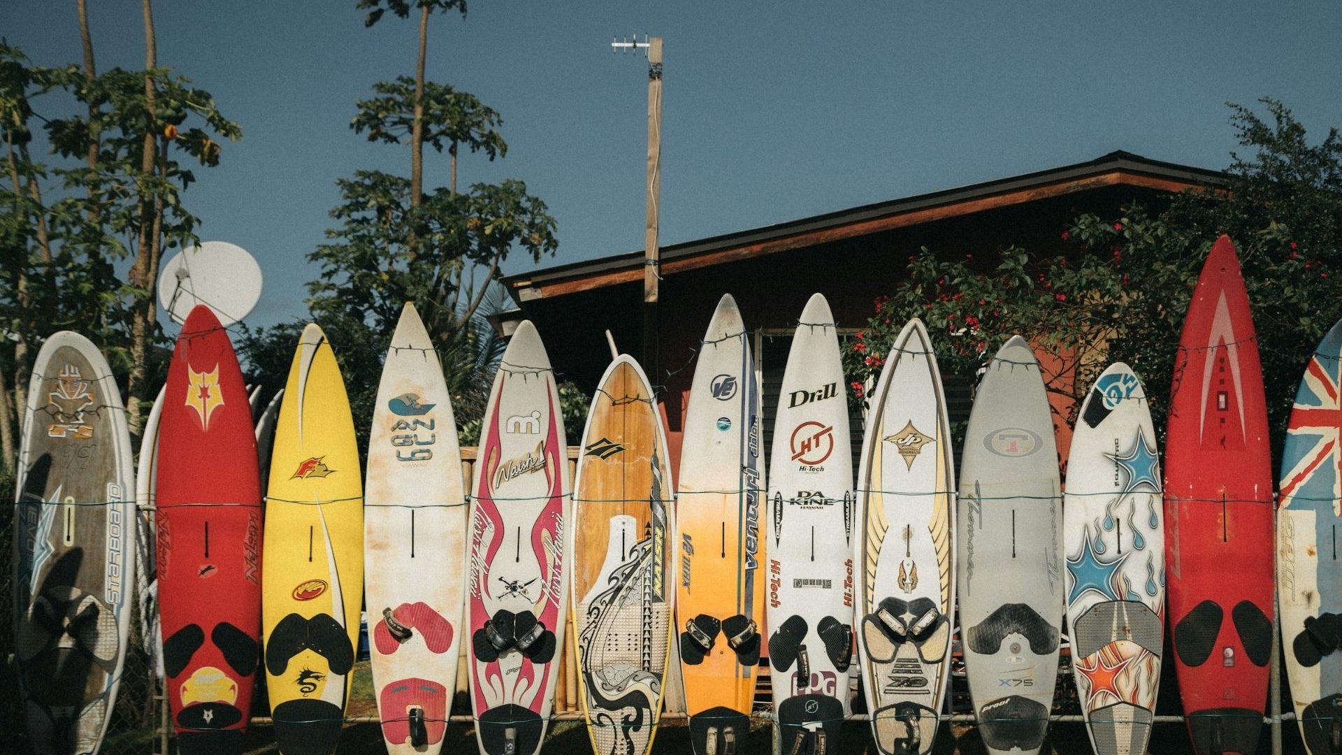 Several surfboards leaning against a beach shack