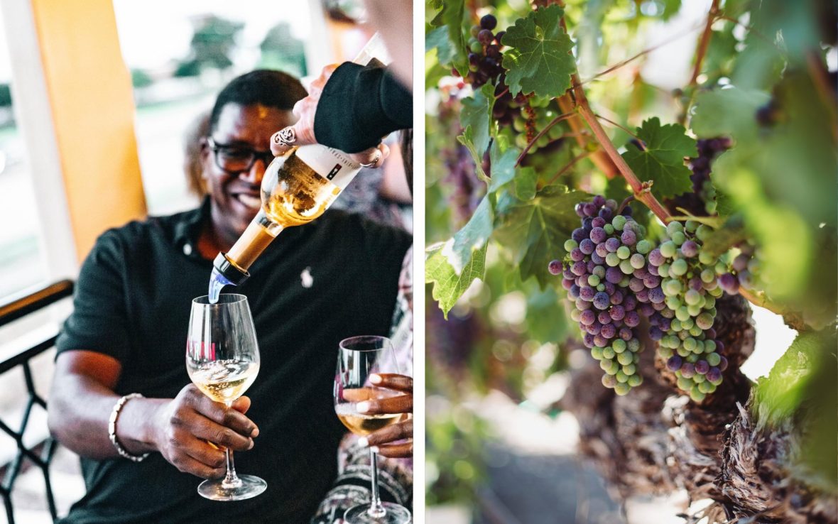 Left: A man's glass is topped up with white wine; Left: A close-up photo of a bunch of grapes on the vine