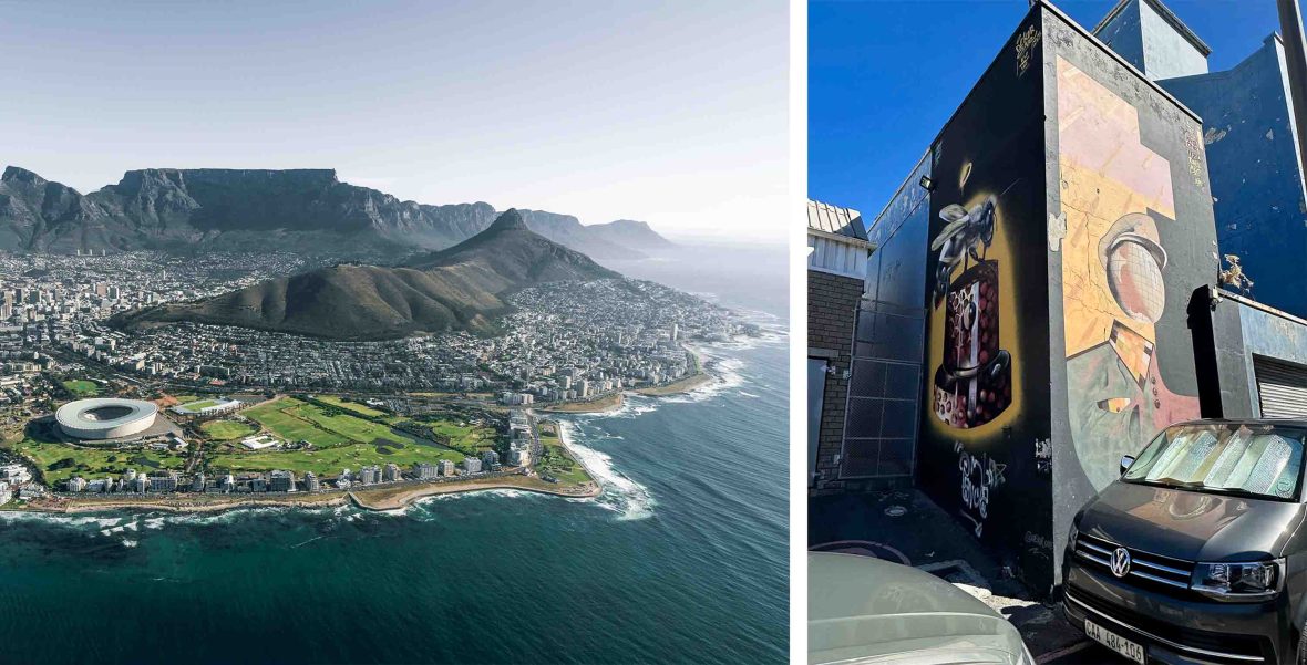 Left: A drone photo of Cape Town showing sea, buildings and mountains. Right: A tall building with a mural depicting a person with a globe as a face.