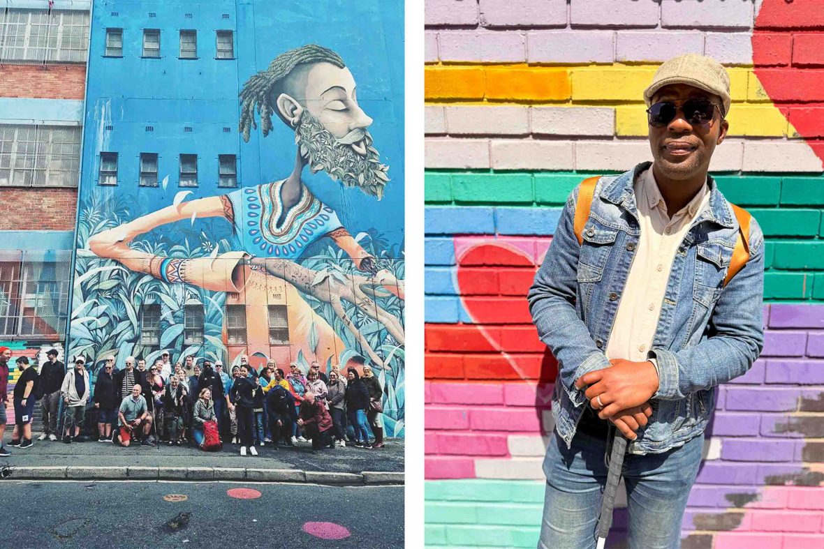Left: A tour group poses in front of a mural. Right: Winson against a colourful mural.