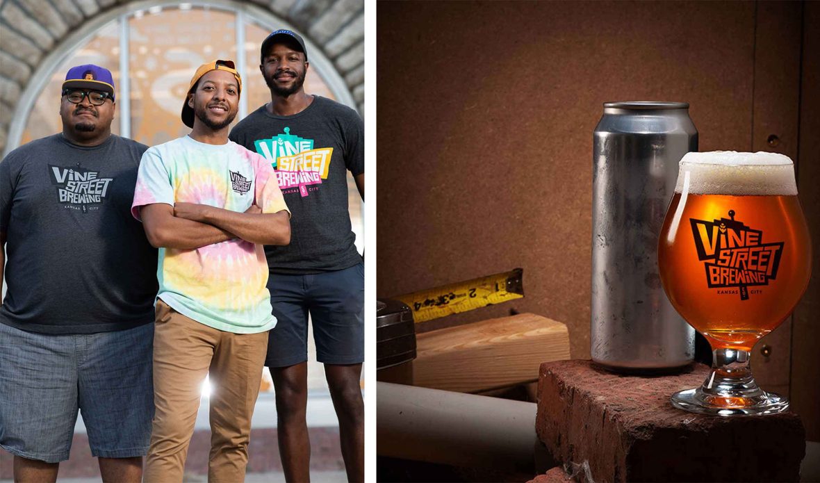 Left: Three men pose at a brewery. Right: A pint of beer in a glass that reads 'Vine Street Brewing'