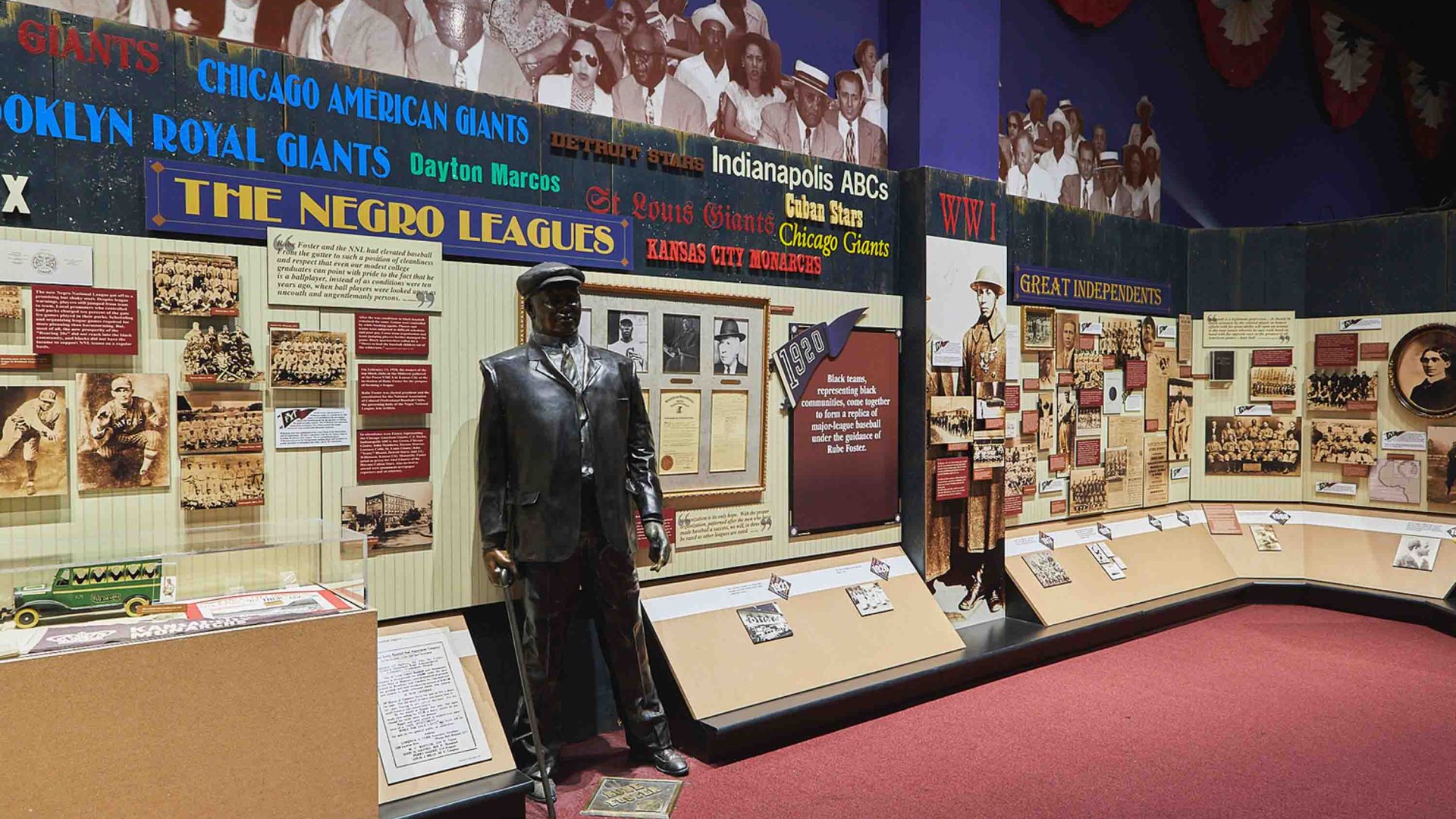 A museum interior with information displays and a sign saying 'The Negro Leagues'