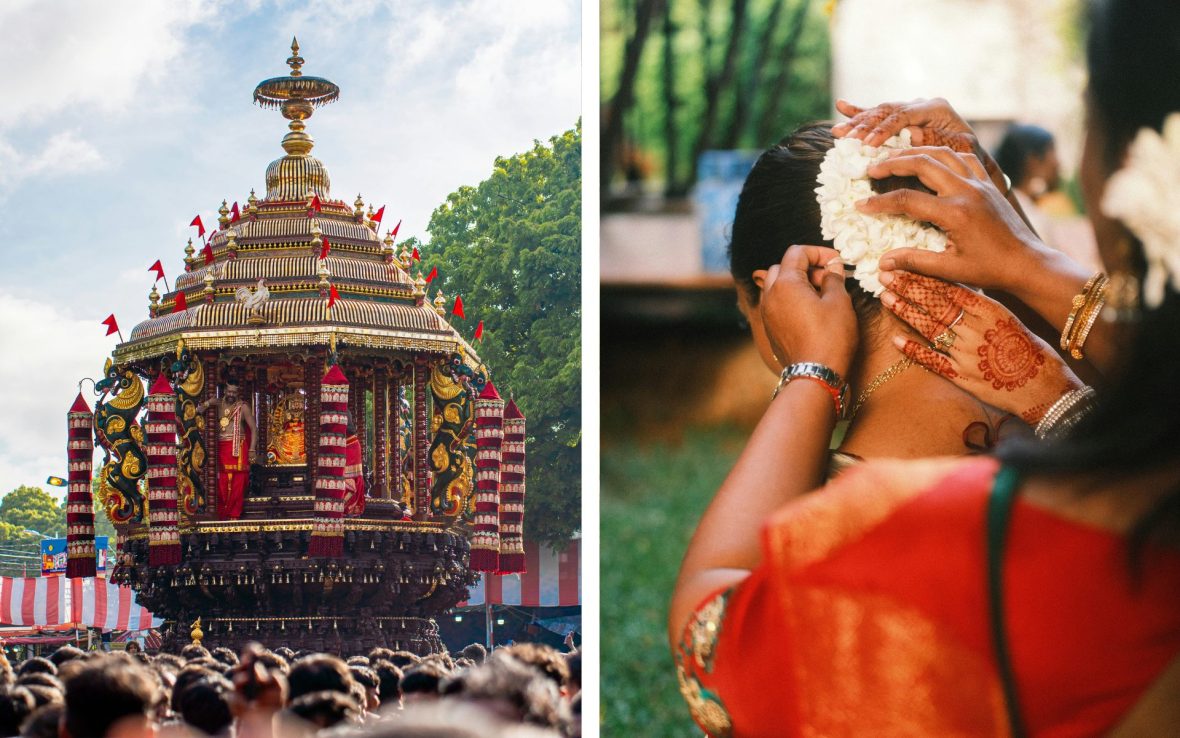 Left: Crowd surrounds gold float during Nallur Festival; Right: A woman pins white flower in another womans hair