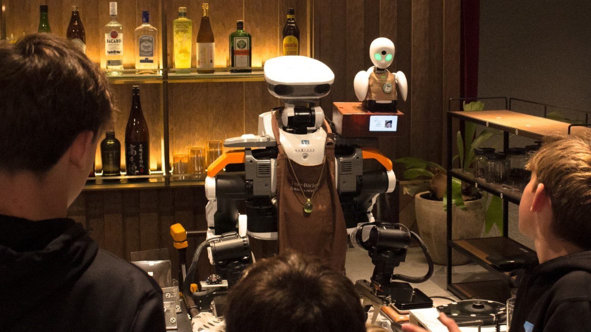 A close-up of the structure of one of the cafe's robots