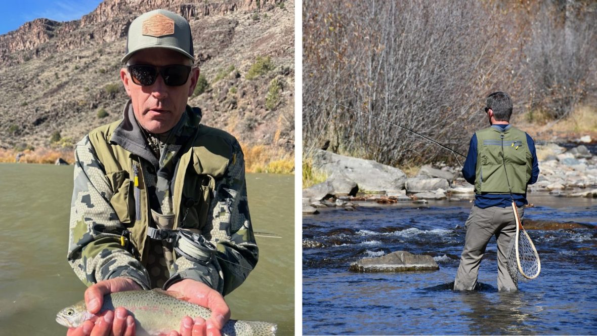Left: A man in a camouflage jacket stands at the shore of a lake holding a fish; Right: A man fishing in a lake, his back to the camera.
