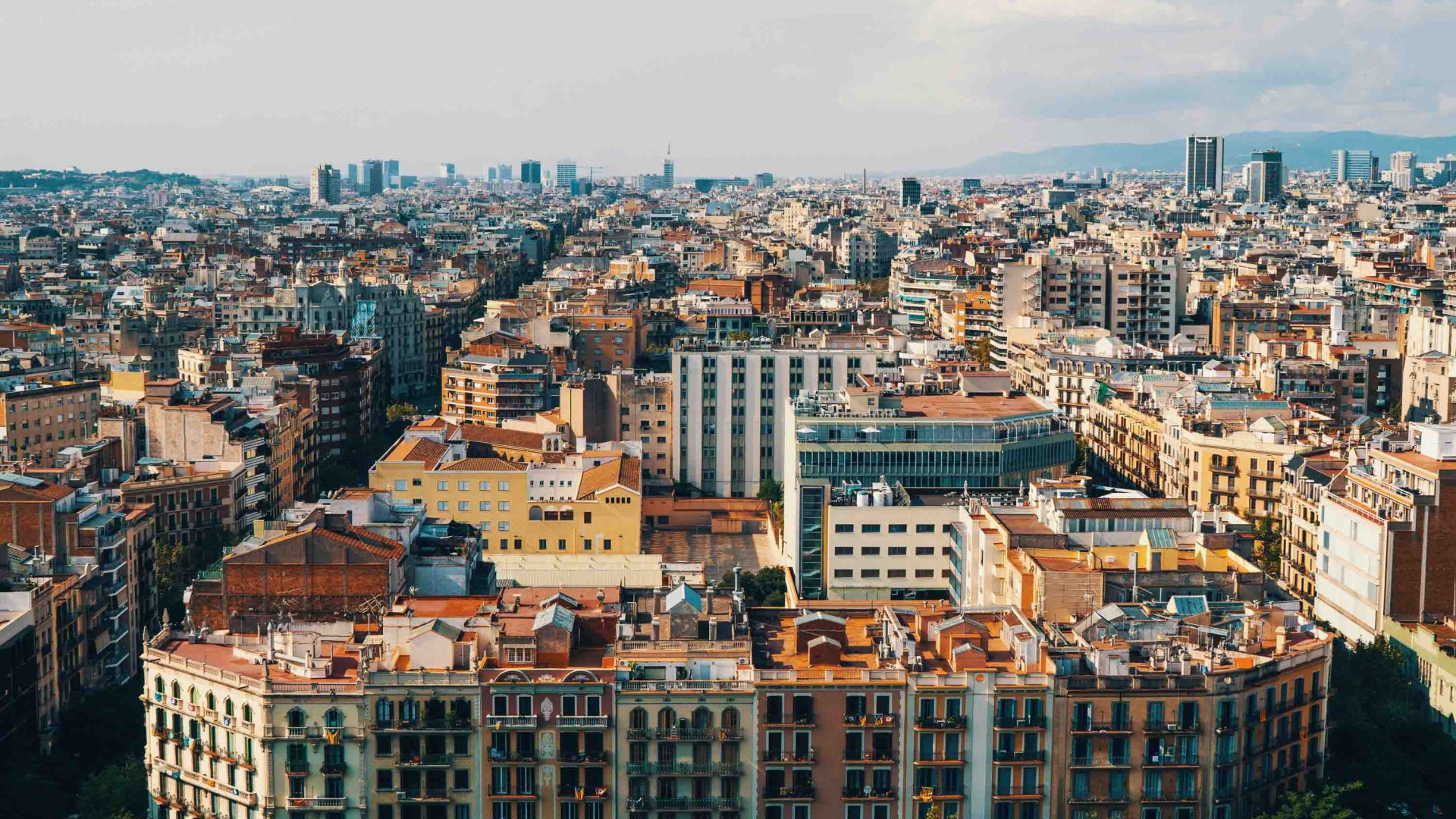 Looking down at the buildings in a city.