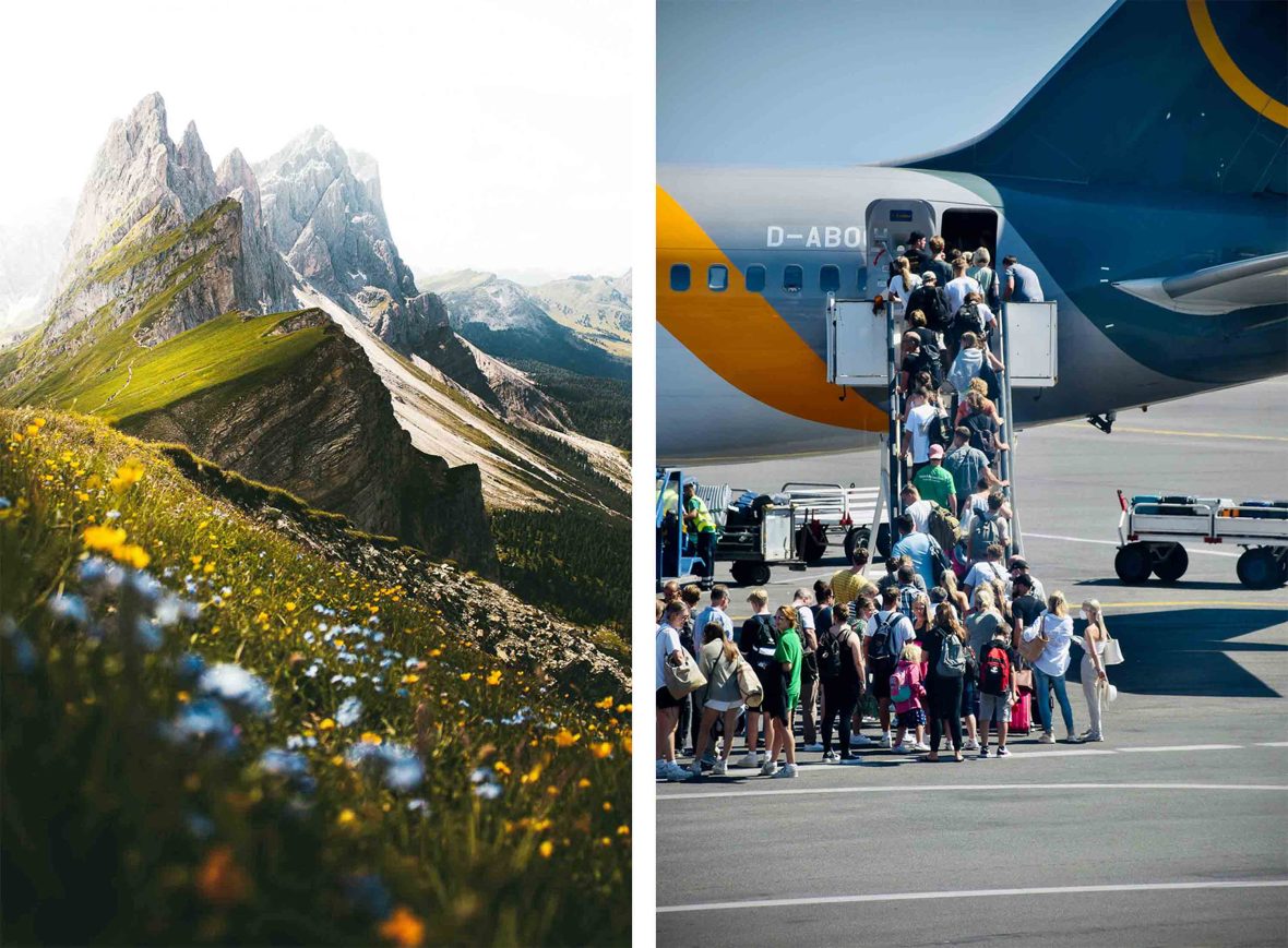 Left: A valley with flowers leads to a mountain. Right: Lots of people go up the steps to an airplane.