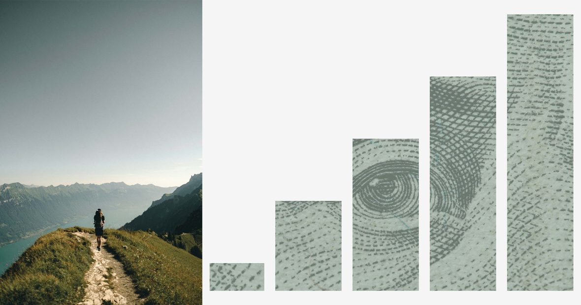 Left: A person hikes a trail. Right: A bar graph that trends upwards.