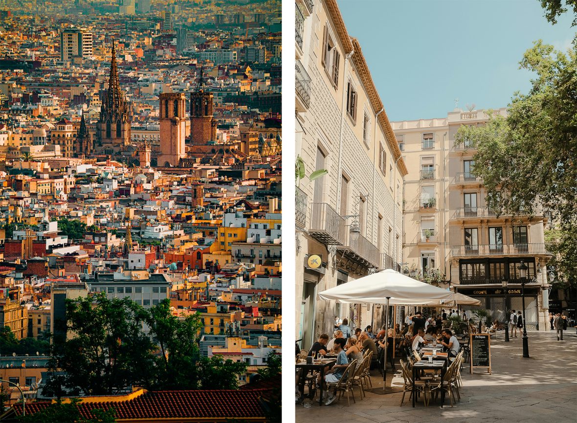 Left: Looking down over city blocks with a cathedral in the top of the frame. Right: People sit at outside tables to eat in a plaza.