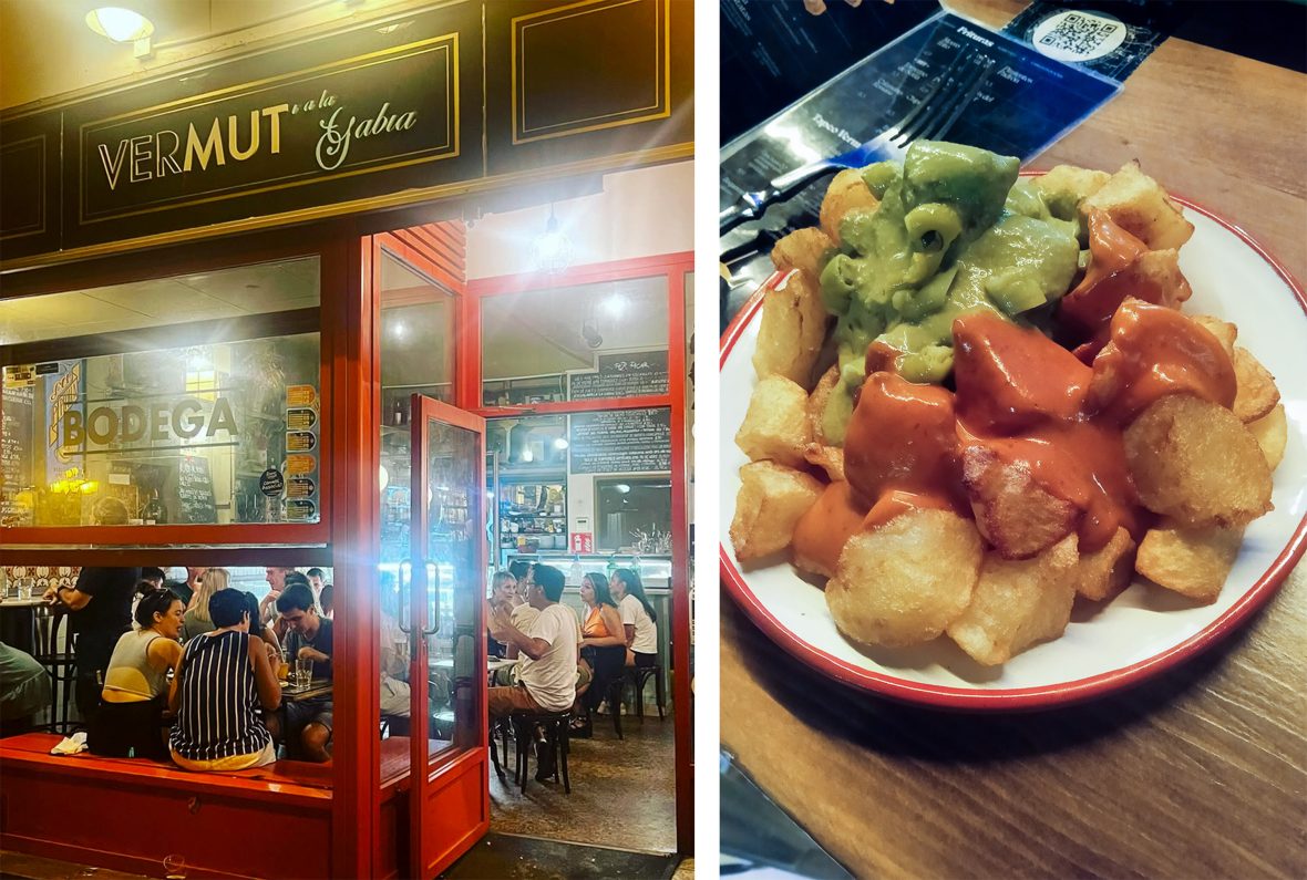 Left: Looking from the outside in at a small restaurant bar with red window frames and people at tables. Right: A plate of potatoes with a red and green salsa.