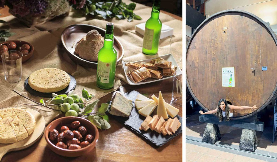 Left: Bottles of cider and food on a table. Right: A woman leans out of a barrel smiling.